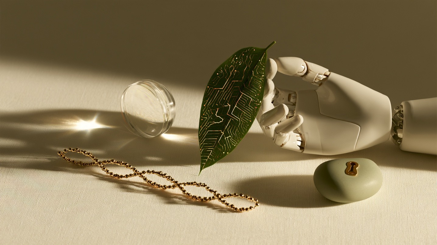 Robotic hand holding a leaf with gold circuit veins beside a glass lens, DNA helix and stone, symbolising technology in wellness | McKinsey's Technology Trends Outlook 2026