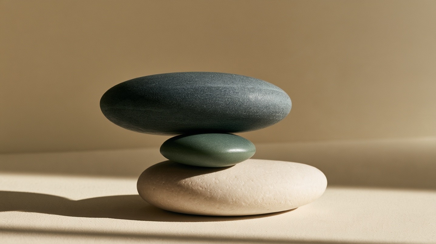 Small sage green stone pressed between a large dark stone and a pale stone, symbolising the squeezed middle of the wellness market | Is wellness K-shaped