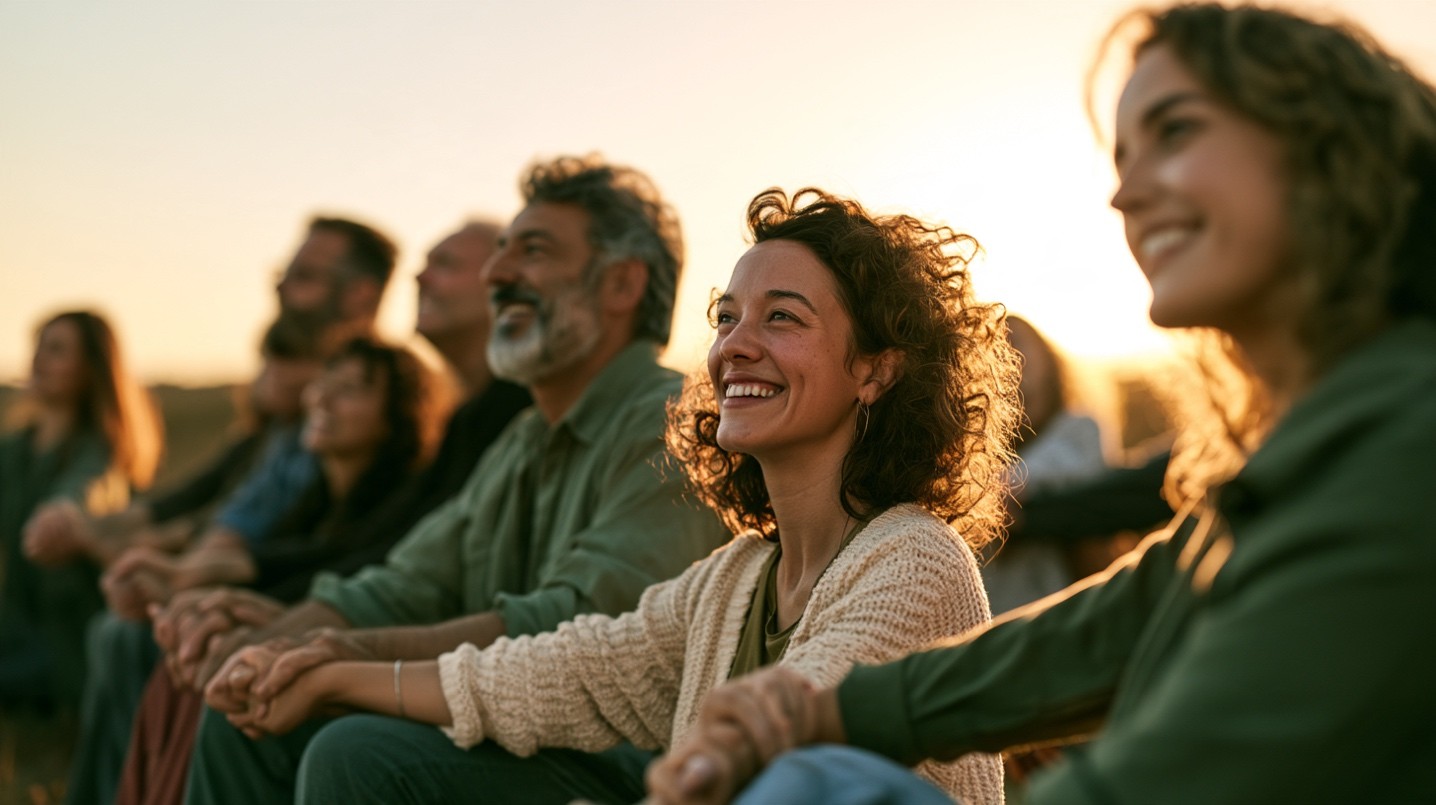 Diverse group of smiling adults sitting together holding hands at golden hour, representing a united wellness community | Why ASWELL